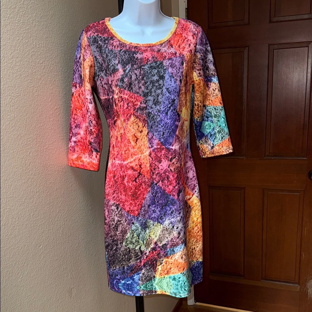 Ethyl Clothing Vibrant Multicolor 3/4 Sleeve Body Con Dress Women’s Size M